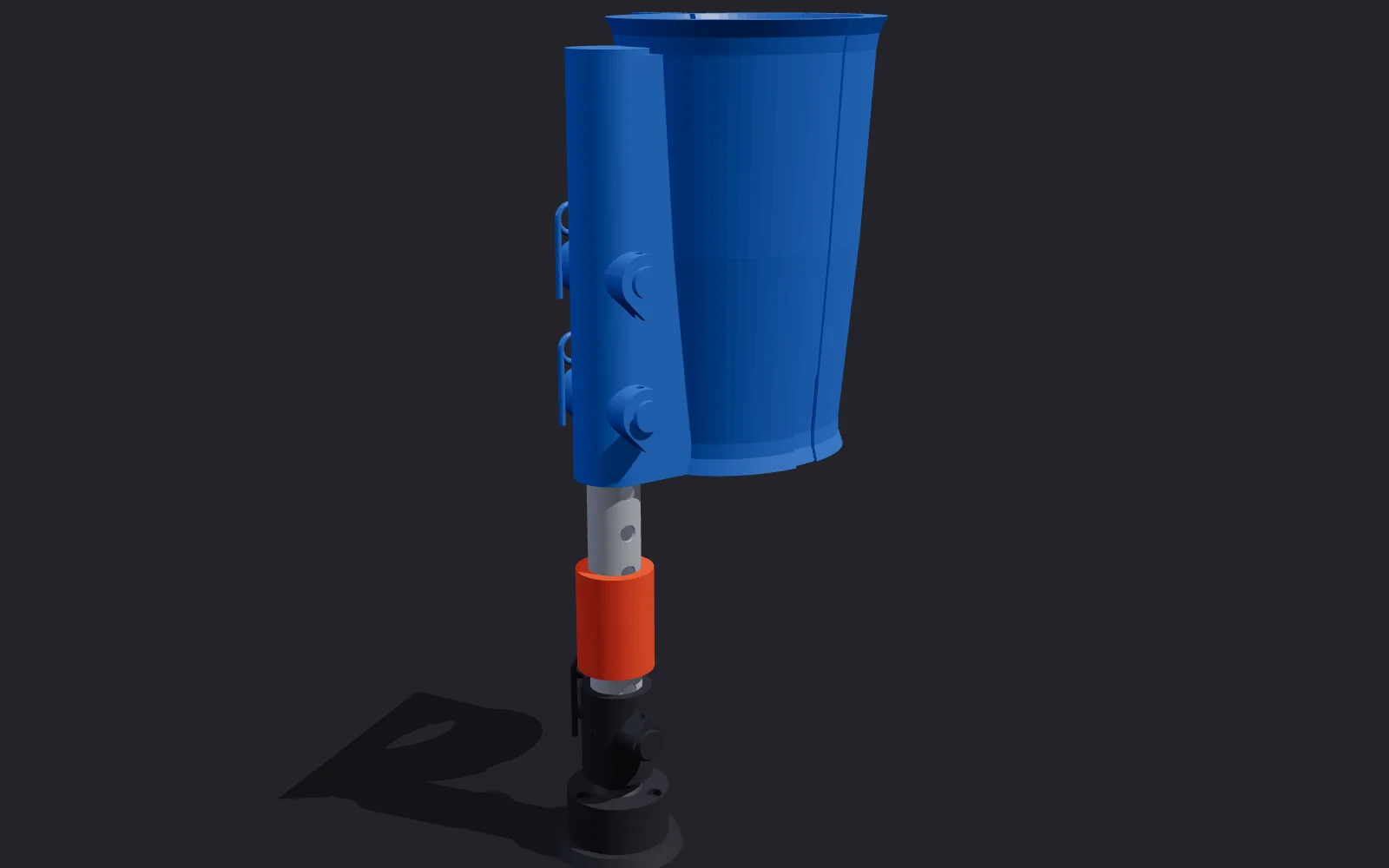 3D model opory predlaktia – modrá manžeta, hliníková noha a pätka